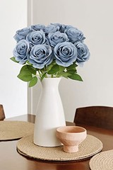 12pcs Roses Artificial Flowers Silk Roses with Long Stems Fake 12PCS Dusty Blue
