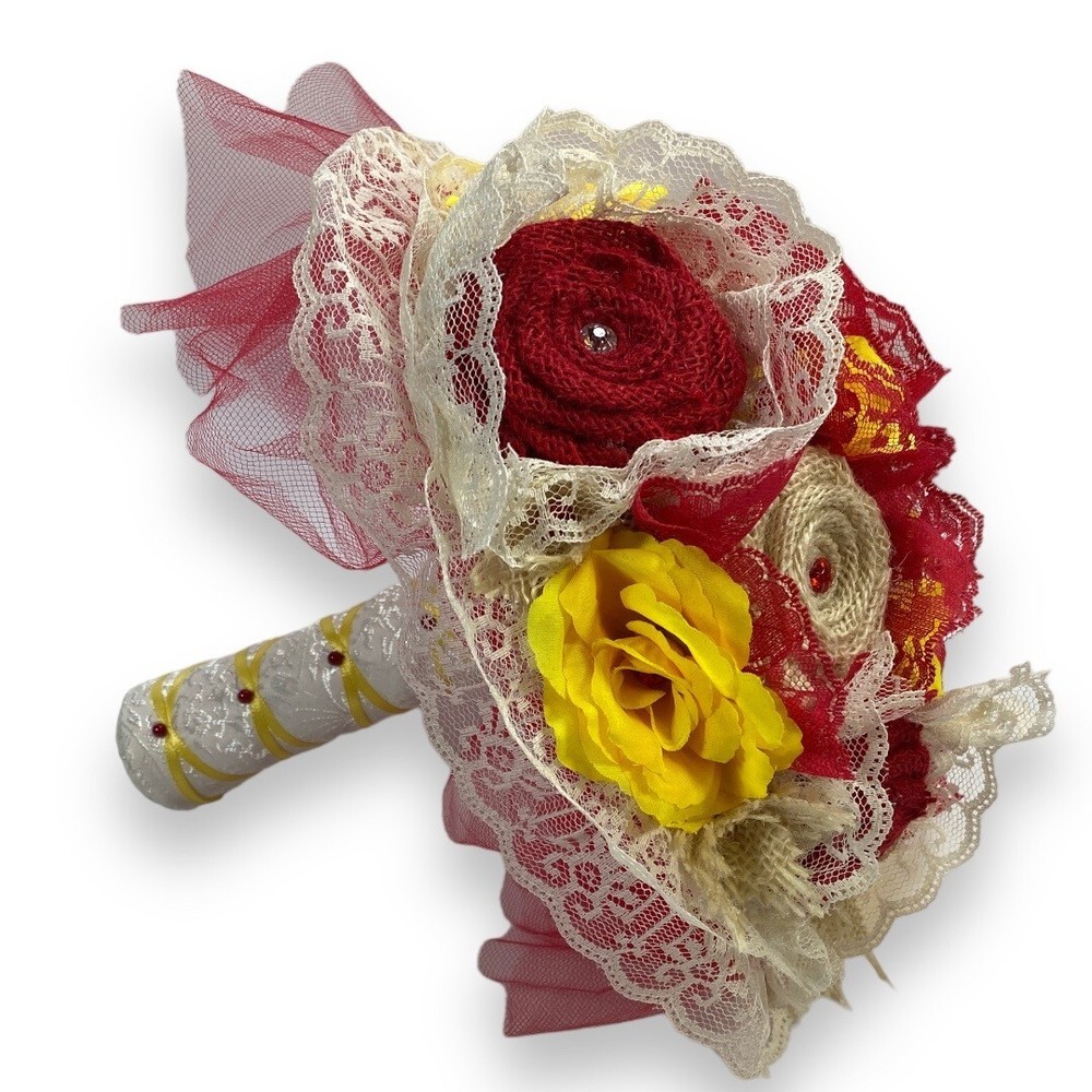 Bride Wedding Bouquet Red Yellow White Cream Burlap Rose Flower Lace Handmade