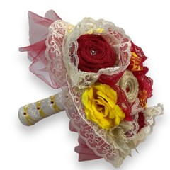 Bride Wedding Bouquet Red Yellow White Cream Burlap Rose Flower Lace Handmade