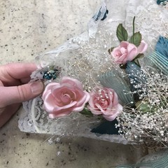Vintage Shabby Chic Heart Wedding Bouquet Lace Green Ribbon & Pink Roses Wrist