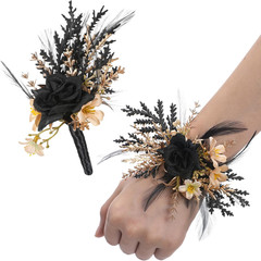 Corsage and Boutonniere Set – Black Wristlet for Men Prom Dark Wrist Corsage for