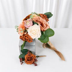 Burnt Orange Mauve Silk Rose Bridal Bouquet Boutonniere Wedding Set Decor
