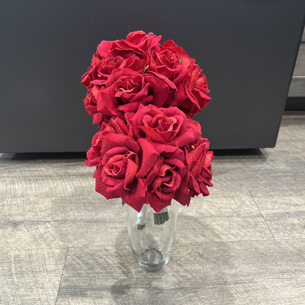 Red Rose Bridal Bouquet with Flower Girl bouquet – Both Wrapped in White Ribbon