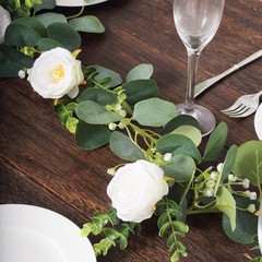 5.5 ft Green White Eucalyptus Leaves Garland Silk Rose Flower Heads Party Events