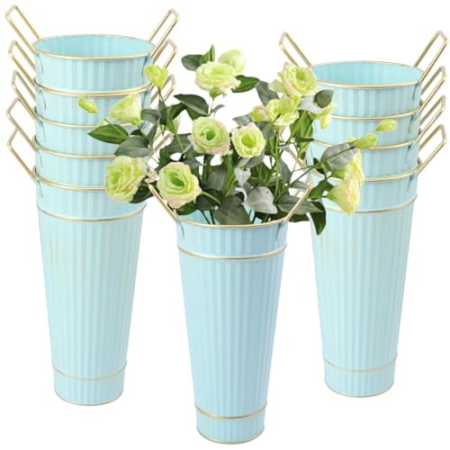 10 PCS 9 Inch Tall Galvanized Flower Buckets, Metal Flower 10 Pack 9 Inch Blue
