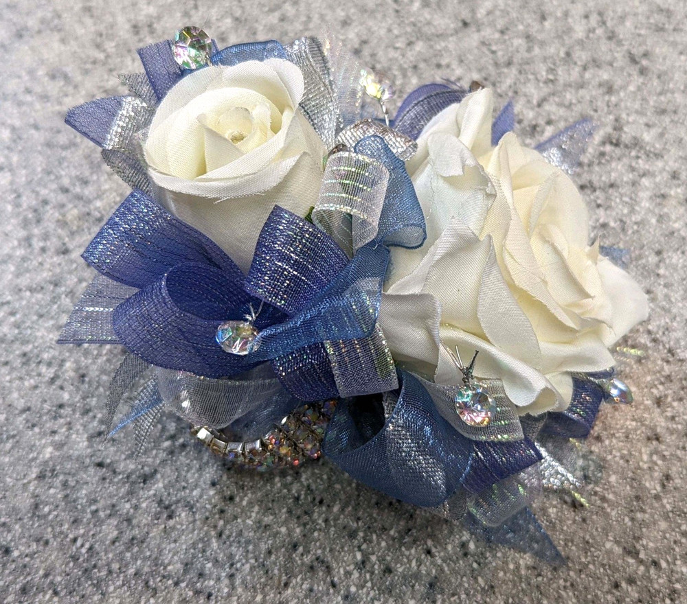 Dusty Blue & Ivory SILK Flower Wrist Corsage & Boutonniere Set, Prom wedding