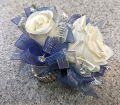 Dusty Blue & Ivory SILK Flower Wrist Corsage & Boutonniere Set, Prom wedding
