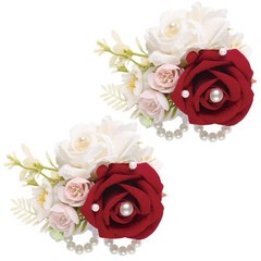 Elegant Dark Red Artificial Rose Wrist Corsage & Boutonniere Set for Weddings, P