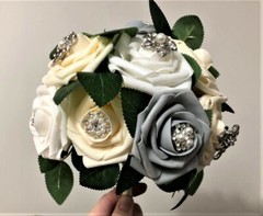 Silver, White & Cream Rose Bridal Bouquet Rhinestone & Pearl Brooch Decoration