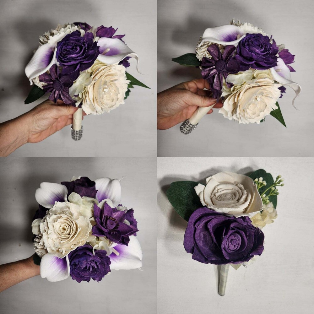 Eggplant Ivory Rose Calla Lily Sola Wood Bridal Wedding Bouquet Accessories