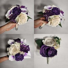 Eggplant Ivory Rose Calla Lily Sola Wood Bridal Wedding Bouquet Accessories