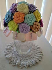 Handmade bouquet of artificial ribbon roses. Each flower is handmade.