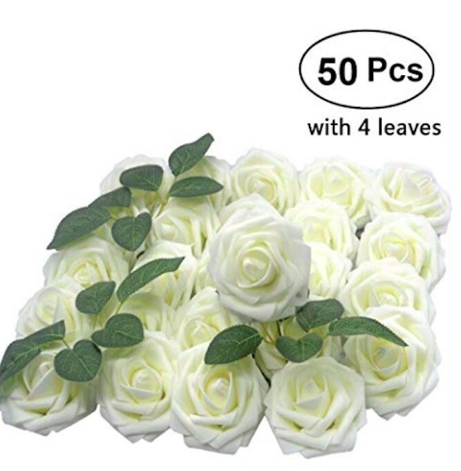 New 50pcs Real Touch Artificial Foam Roses Decoration DIY for Wedding Ivory