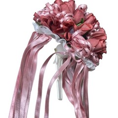 VTG Silk Flower & Lace Streamers Wedding Bridal Bouquet Red Rose & Pink Ribbons