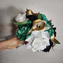 Emerald Green Black Gold White Rose Calla Lily Bridal Wedding Bouquet Accessorie