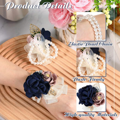 6 Pcs Blue Rose Corsage Set Bridal Corsage Wrist Band Bracelet Hand Flower Weddi