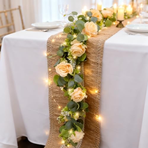 2 Pack 5.9 FT Artificial Flower Garland with Lights, Fake Floral Champagne