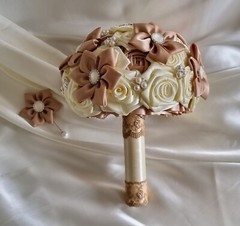 Bridal Bouquets Cream, Tan Satin Ribbon Roses, Crystal Brooches, Buttonhole…