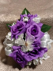 NEW 5″ Artificial Purple Rose Wrist Corsage W/Butterfly, Silver Bow Purple Bout
