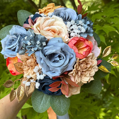 Dusty Blue Yellow Orange Silk Rose Bridal Bouquet Boutonniere Wedding Set Decor