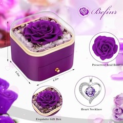 Valentines Day Gift for Her Preserved Real Purple Rose Flower Jewelry Box