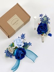 Deep Blue Corsage & Boutonniere Set – 2 Pcs Wrist Bracelets for Wedding, Prom, P
