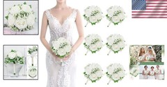 Elegant Ivory Silk Rose Flower Bouquets – 6 Bridesmaid Size, 7 Inch, Wedding