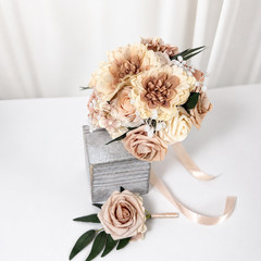 Champagne Beige Ivory Cream Faux Rose Bridal Bouquet Boutonniere Wedding Set