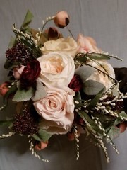 Bridal Bouquet Spray Peonies Roses Burgundy Peach White Sateen Wrapped Stems