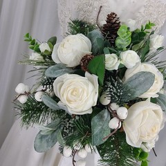 Woodsy Winter White Faux Silk Wedding Bouquet