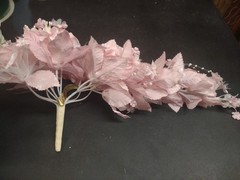 Vintage Silk Wedding Bouquet, Pink, 18″ Satin Leaves, Roses, Stephanotis, Pearls