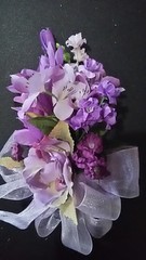 CORSAGE>PIN>LAVENDER>ROSES/TULIPS>SHEER LAVENDER RIBBONS>