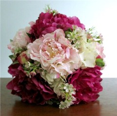Silk Flower BRIDAL BOUQUET Fuchsia Blush Pink Cream Peony Waxflower Hydrangea