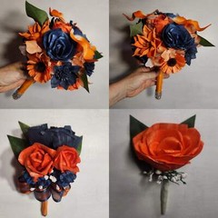 Orange Navy Blue Rose Calla Lily Sola Wood Bridal Wedding Bouquet Accessories