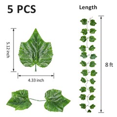 Meiliy 8 Ft 5pcs Artificial Greenery Ivy Vine 5pack, Grape Leaves 5 Pcs