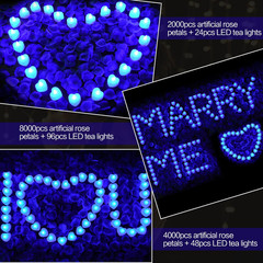 2000Pcs Blue Artificial Rose Petals with 24Pcs Blue LED Tea Lights Kit, for Deco
