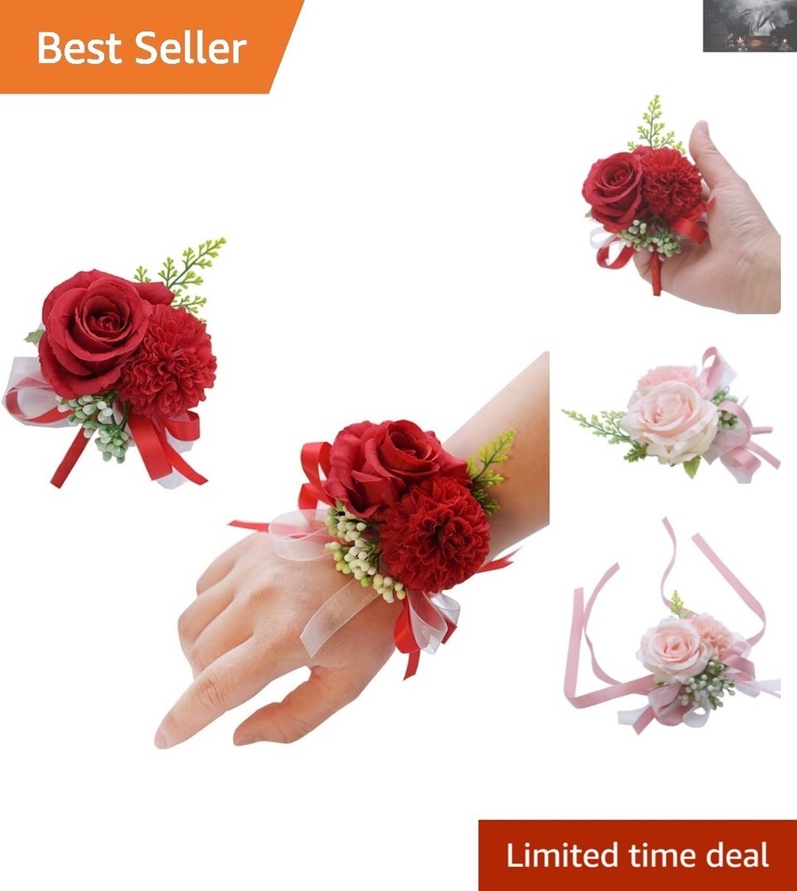 Elegant 2PCS Handmade Red Rose Wrist Corsage & Boutonniere Set for Weddings