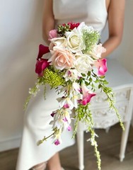 Vibrant rose, orchid & calla lily waterfall Bouquet with real touch artificial