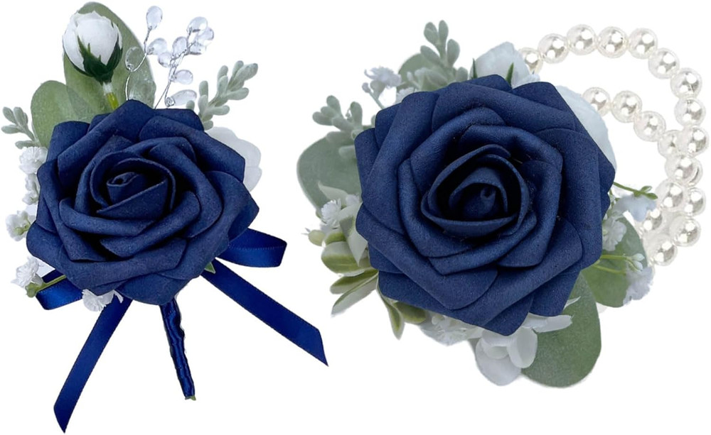 Cherishedmoments Corsage and Boutonniere Set, Dark Blue Rose Handmade Artificial