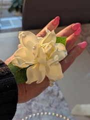 Wrist Corsage , Real Touch Gardenia On Pearl Wristlet, Real Touch Gardenia