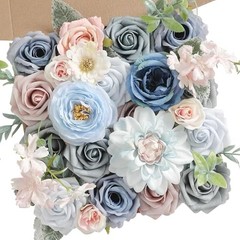 Artificial Flowers Box Pink Silk Fake Rose for DIY Wedding Bridal Bouquets Blue
