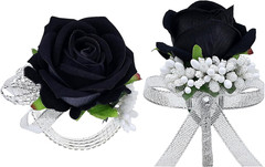 2Pcs Black Rose Corsage and Men Boutonniere Set Women Wristlet Band Wrist Bracel
