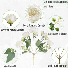 White Artificial Flowers Bouquet – 12 Bundles – Lifelike Silk Fake Peonies