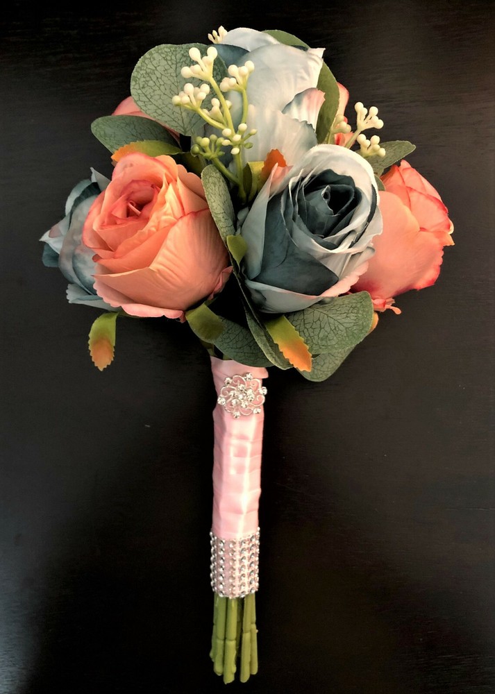 Dark Pink & Lite Blue Faux Budding Roses Bridal Wedding Bouquet Rhinestone Bling