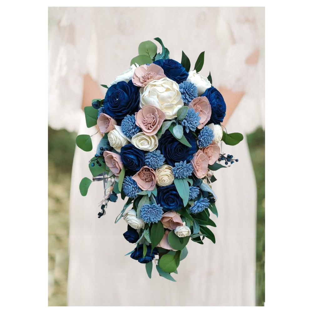 Mauve Dusty Blue Bridal Bouquet Pink Sola Wood Cascade Artificial Wedding Flower