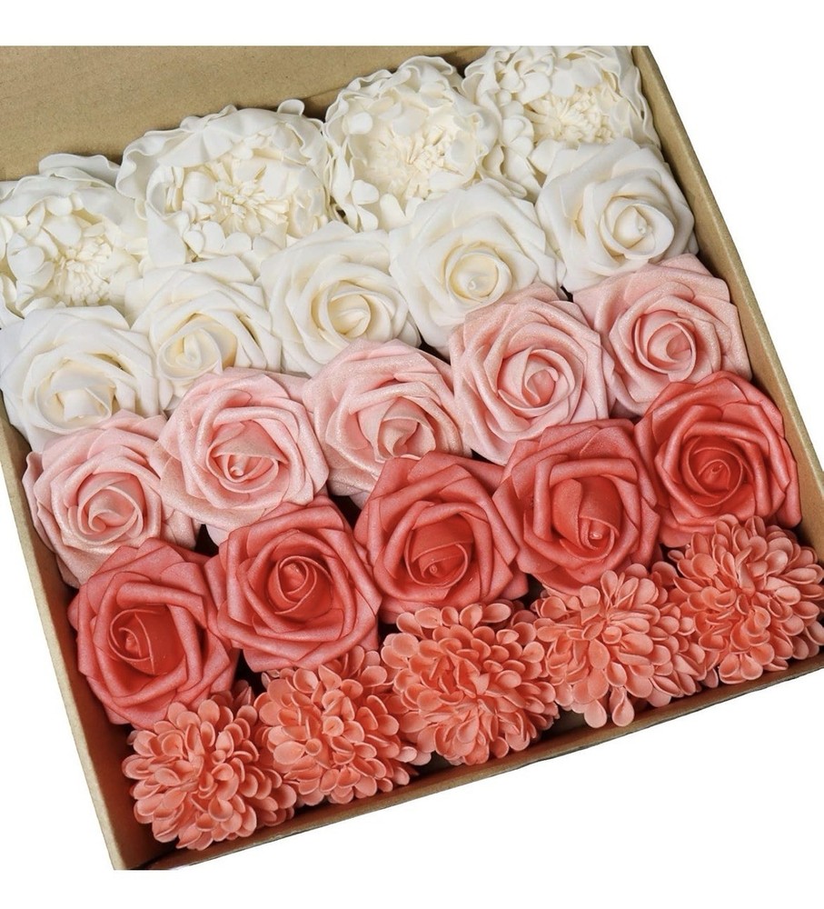 Artificial Foam Roses Coral Cream Flower Set DIY Wedding Bouquet Bridal Decor