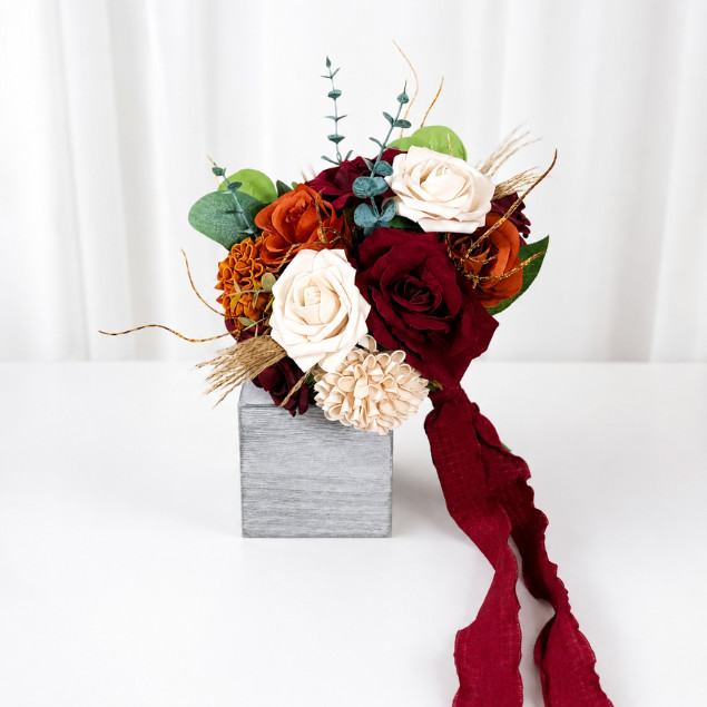 Burgundy Burnt Orange Cream Foam Rose Bridal Bouquet Boutonniere Wedding Set