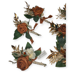 Boutonniere 6 Pc Set Groom & Groomsmen Wedding Corsage Terracotta Color 4 Pins