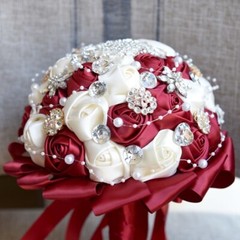 Handmade Luxury Rose Silk Pearls Rhinestone Brooch Wedding Bridal Bouquet Ivory