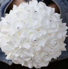 White Foam Rose Wedding Bouquet with Rhinestones and Ribbon Handle, 9.84 in